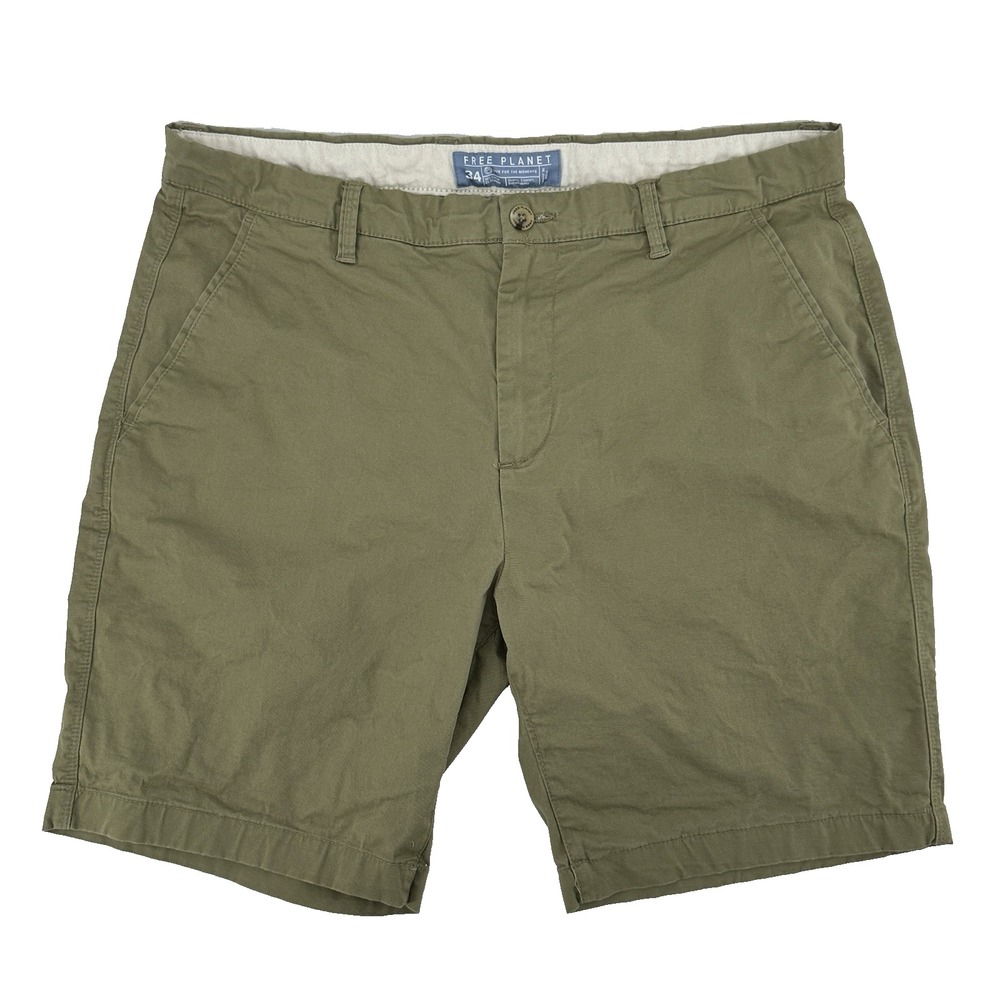 Free Planet Chino Shorts Men's Size 34 Flat Front 7" Inseam Casual Summer Olive